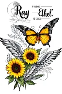 "Ray “Ethel” 5/12/50 - 12/12/23" sunflower butterfly heart feather infinity symbol angel wings tattoo design idea
