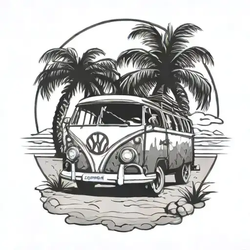 A California beach scene featuring Volkswagen bus tattoo design idea