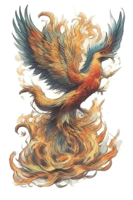 red, blue, green, purple - phoenix rising from flames tattoo design idea