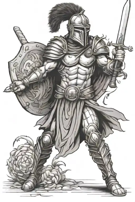 The gladiator is armed with a sword called **Timofeos** and holds a shield with a **cornflower** on it. On his head he wears a **helmet with a scorpion**. tattoo design idea