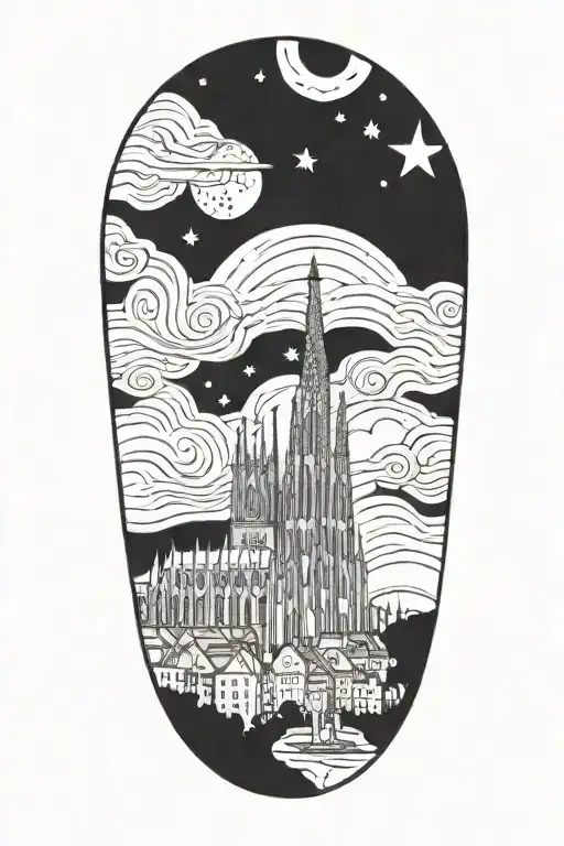 van gogh starry night with la sagrada familia tattoo design idea