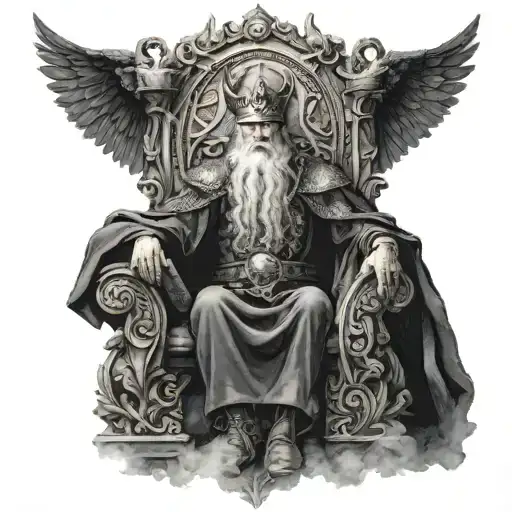 Odin on a throne holding mimirs head tattoo design idea