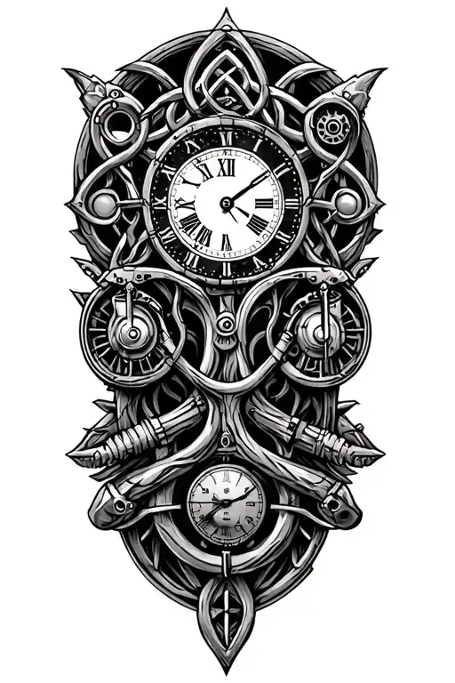 gothic celtic steampunk tree of life, libra scale, harley davidson engine parts & time tattoo design idea