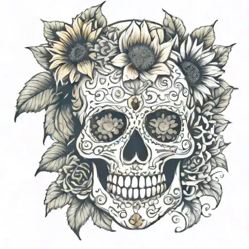 sugar skull with sunflowers framing skull tattoo design idea