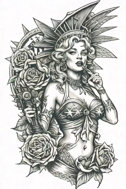 Marilyn monroe as the statue of liberty with a mexican flag around her, a gun, and half skeleton tattoo design idea