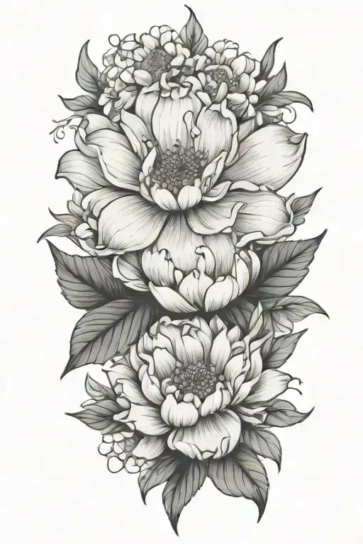 peony, daisy, lotus, myosotis tattoo design idea
