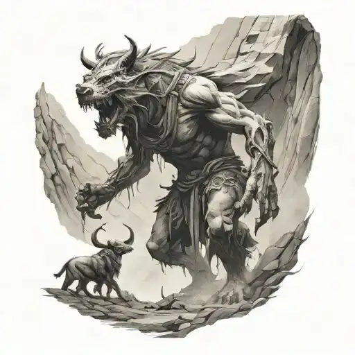 lone warrior approaches a shrouded beast in a cave tattoo design idea