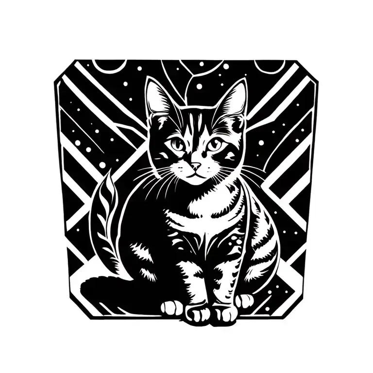 black and white tatoo design with cat sitting tattoo design idea