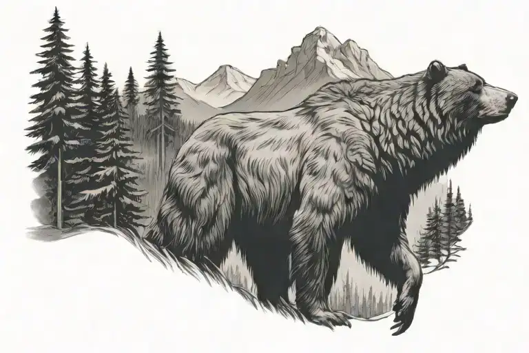 standing bear surrounded by trees and mountains tattoo design idea