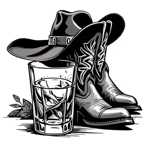 cowboy boots and hat glass of whiskey tattoo design idea