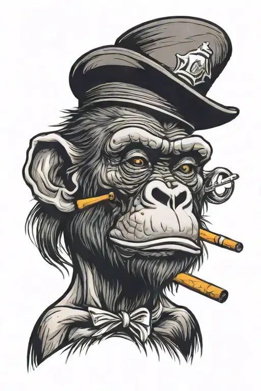 a face of a bonobo monkey smoking cigar with a hat cylinder  tattoo design idea