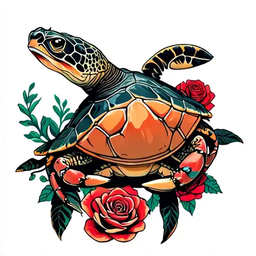 sea turtle and crab surrounded by roses tattoo design idea