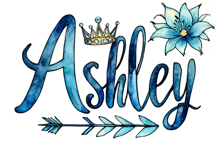 the name Ashley in whimsical writing with a jeweled crown, arrow, and starburst lillies tattoo design idea