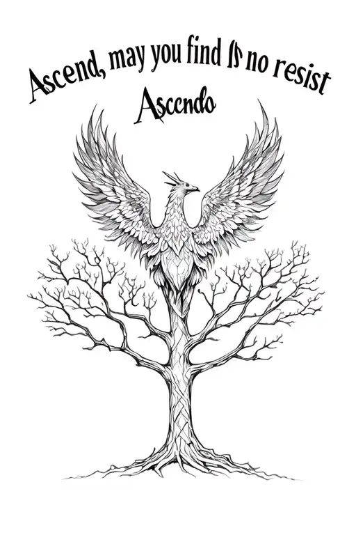 "Ascend, may you find no resist" Phoenix rising above a tree silhouette tattoo design idea