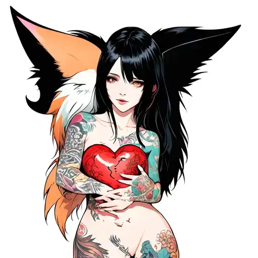 anime woman with black hair, tattoos and fox ears stitching together a broken heart wrapped with fox tails tattoo design idea