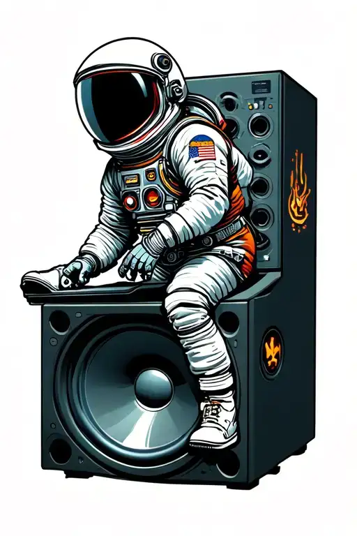 astronaut riding a subwoofer emitting sound tattoo design idea