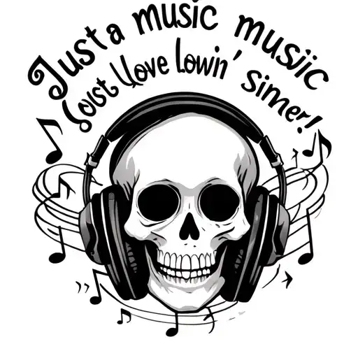 "Just a music lovin' sinner!" Girly Skull wearing headphones surrounding music notes tattoo design idea