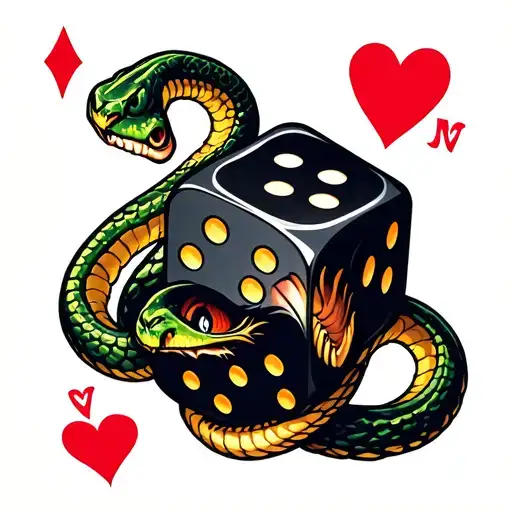 Pair of snake eye dice with snakes running through it and a royal flush of hearts behind tattoo design idea