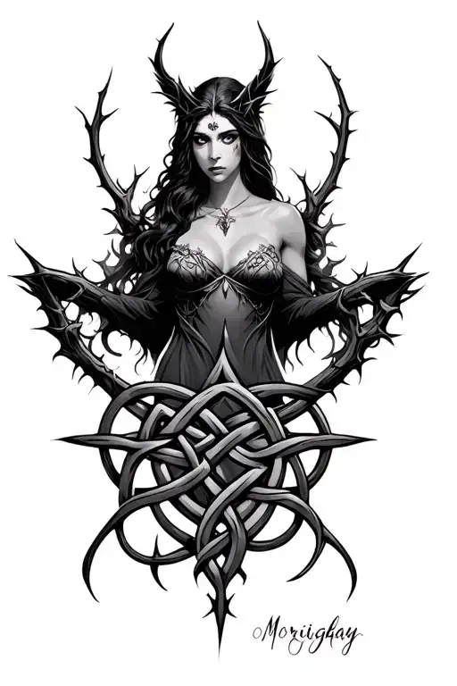 morrigan goddess with Celtic Knot and thorns tattoo design idea