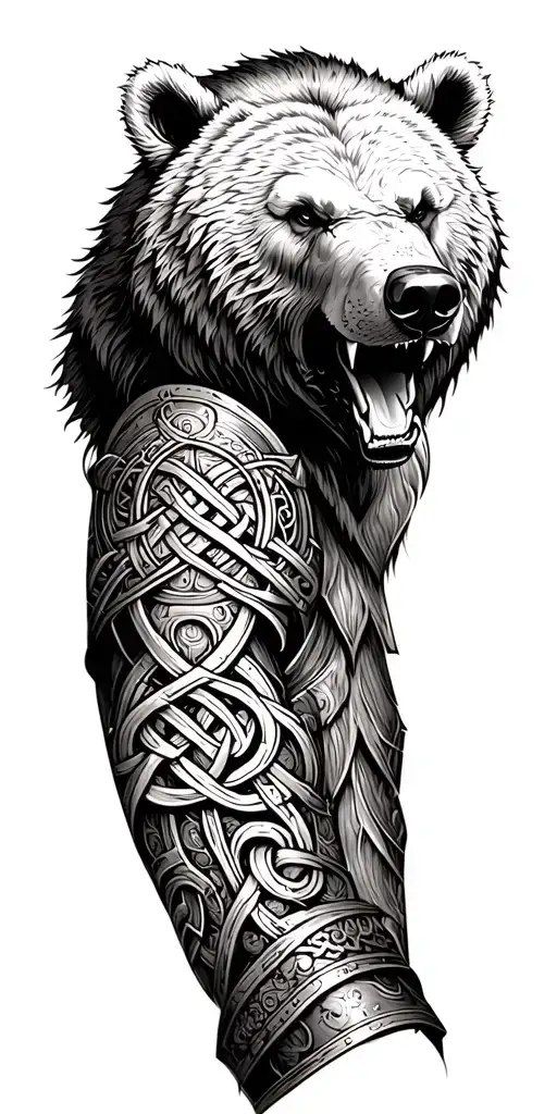 armor arm sleeve with celtic knots and roaring bear head tattoo design idea