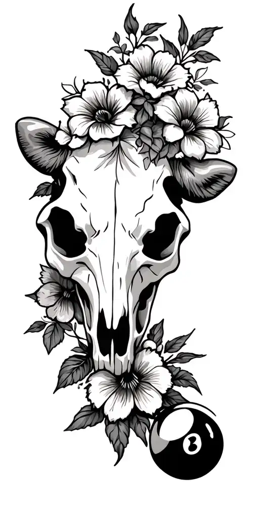 tooled leather with cow skull, 8 ball, flowers tattoo design idea