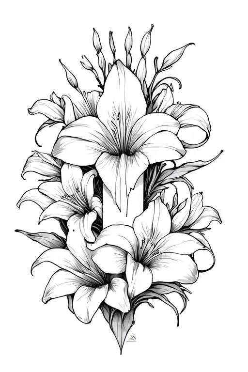 Three nails creating a cross with lillies wrapped around tattoo design idea