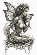fairy/goddess curled within an open ribcage trapping her like a canyon unable to climb.  tattoo design idea