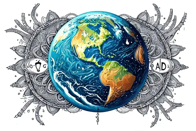 Planet Earth with zodiac sign Aquarius and Libra combined and framed with the style of a mandala tattoo design idea