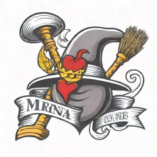 Heart with banner and the text Mirna inside of the banner. a broom leaning against the heart and a witches hat on top of tattoo design idea