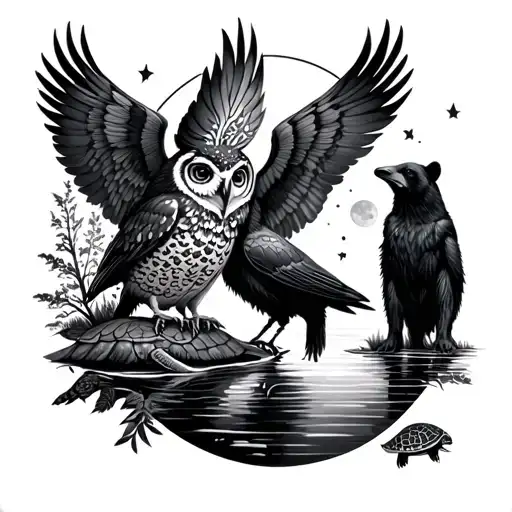 feminine tattoo with owl, crow, black bear, turtle, water, woods, phases of the moon tattoo design idea