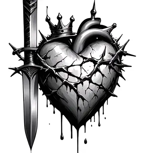 cracked realistic heart wearing a crown of thorns , dripping blood , hit by a shattered sword half visible tattoo design idea