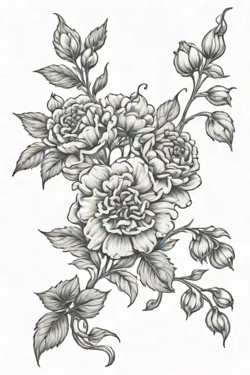 marigold flowers, sweet pea flowes, and basil  tattoo design idea