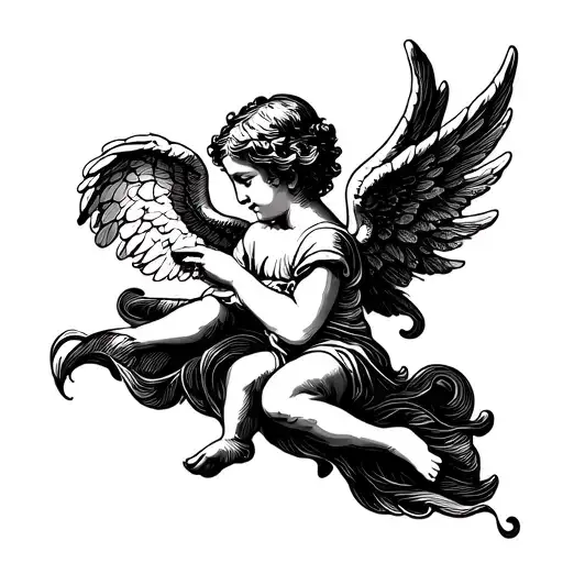 > “Minimalist tattoo design of the word ‘amor’ in elegant cursive with a delicate angel or cherub, fine line art, suitab tattoo design idea