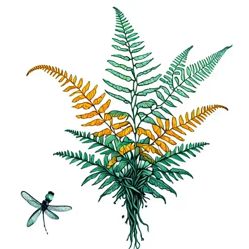 color fern boquet with dragonfly landing tattoo design idea
