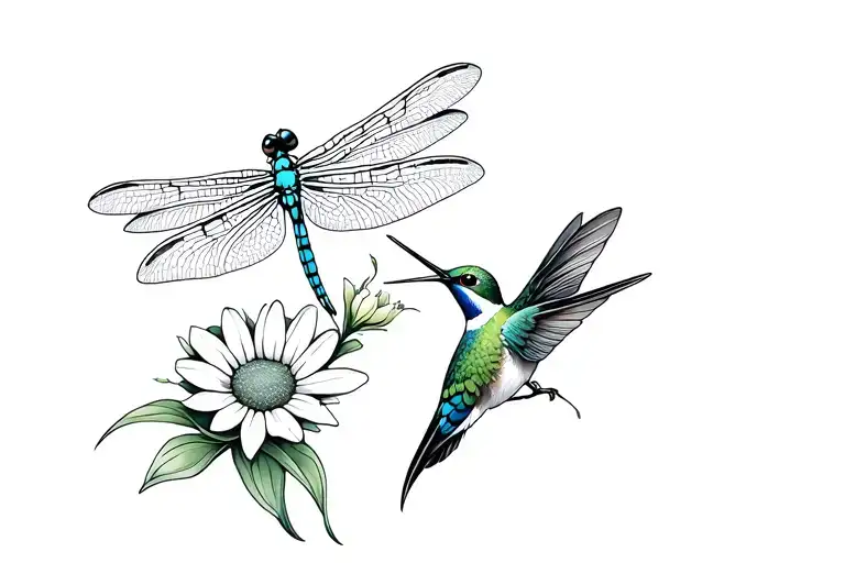 dragonfly and humming bird with daisy lily Lindsey tattoo design idea
