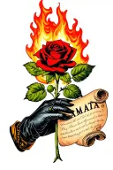 "MAMACITA" hand wearing a black leather glove holding a red rose that is on fire. around the stem is a scroll with text on it tattoo design idea