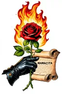"MAMACITA" hand wearing a black leather glove holding a red rose that is on fire. around the stem is a scroll with text on it tattoo design idea