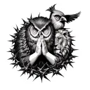 praying hands, owl, lion, cardinal points, thorn hedge tattoo design idea