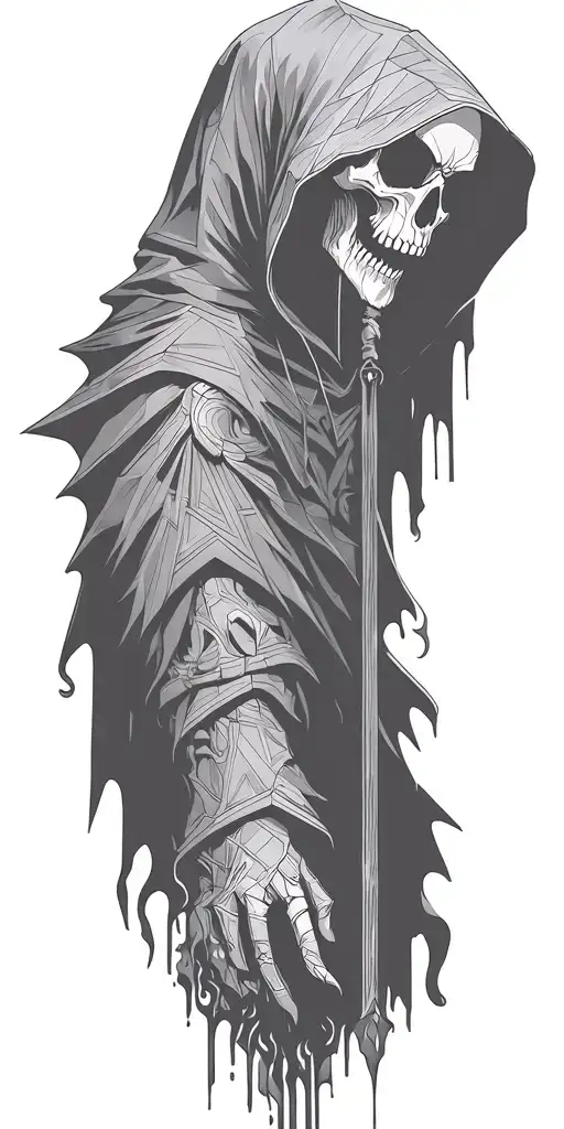 hooded reaper silohuette, smoke, fire, scary, bat wings tattoo design idea