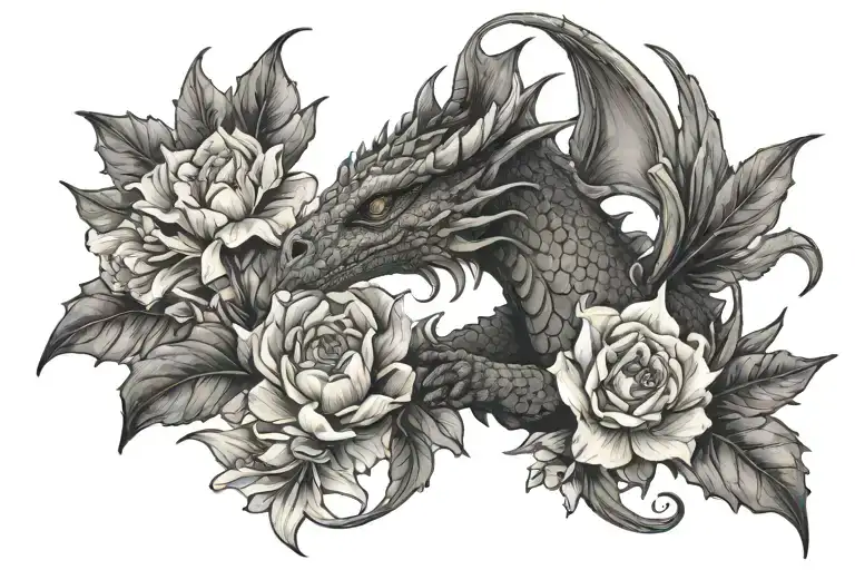 a dainty dragon carrying Narcissus, holly, poppy flowers tattoo design idea