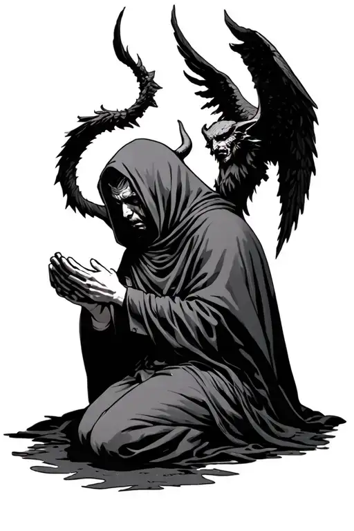 manly person in a cloak on their knees praying with one demon wing and one angel wing tattoo design idea