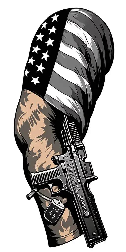 military sleeve tattoo with flag, dog tags and m1grand gun tattoo design idea