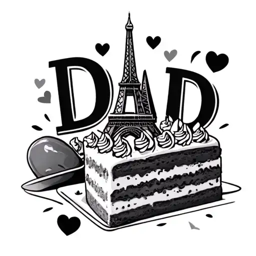 "dad" "dad" in lowercase, heart, eifell tower, slice of cake tattoo design idea