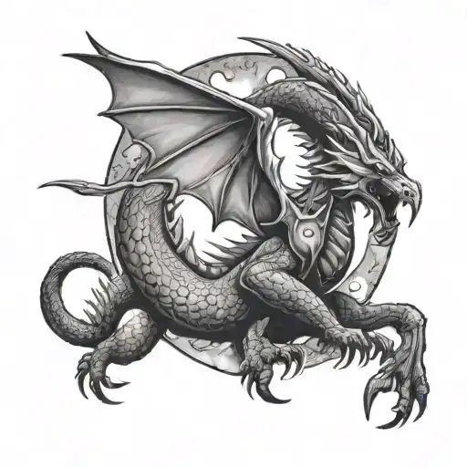 viking inspired dragon emerging between the moon   tattoo design idea