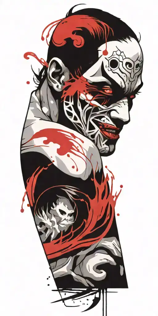 man wearing oni half mask fighting off inner demons  tattoo design idea