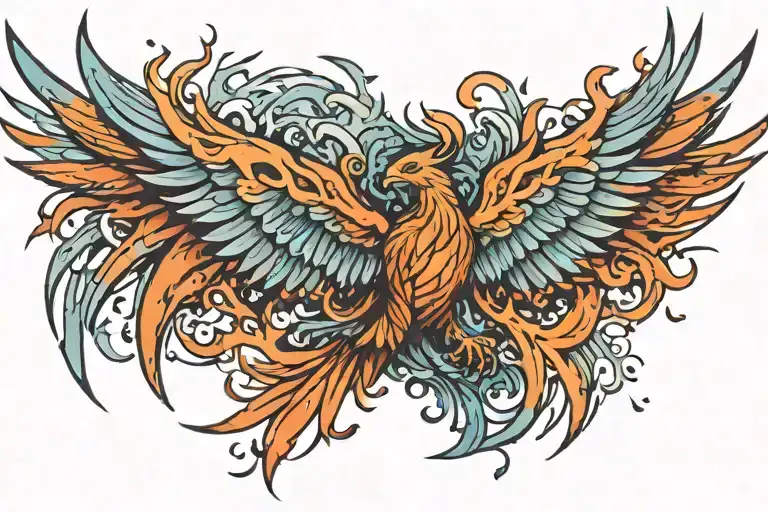 burning phoenix rising from ashes facing me straight  tattoo design idea