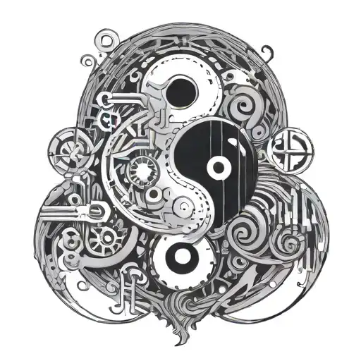 A programming code design with yin and yang elements and rock music accents tattoo design idea