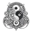 A programming code design with yin and yang elements and rock music accents tattoo design idea