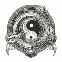 A programming code design with yin and yang elements and rock music accents tattoo design idea