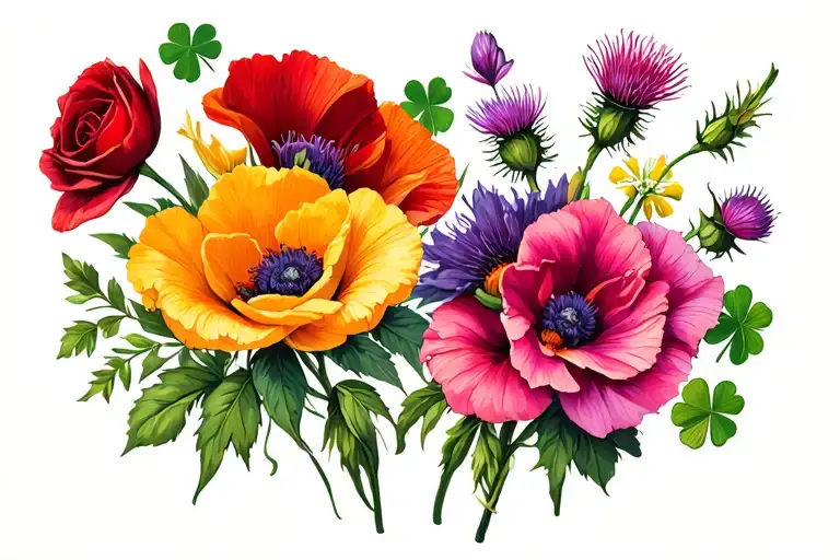 gladiolus flowers, red poppies, rose, honeysuckle, aster, and morning glory flowers with Scottish thistle and shamrocks  tattoo design idea